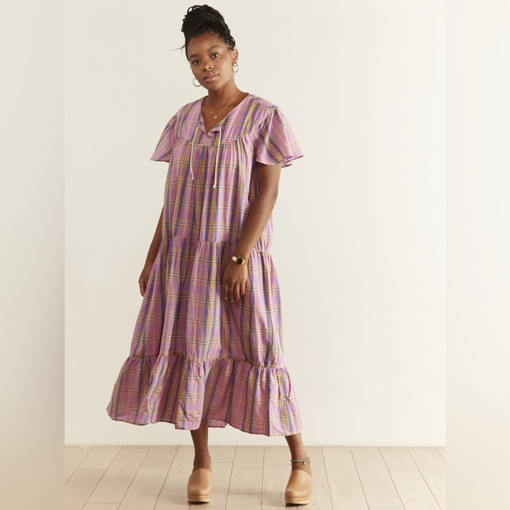 Nico Nico Pink and Yellow Plaid Tiered Midi Dress